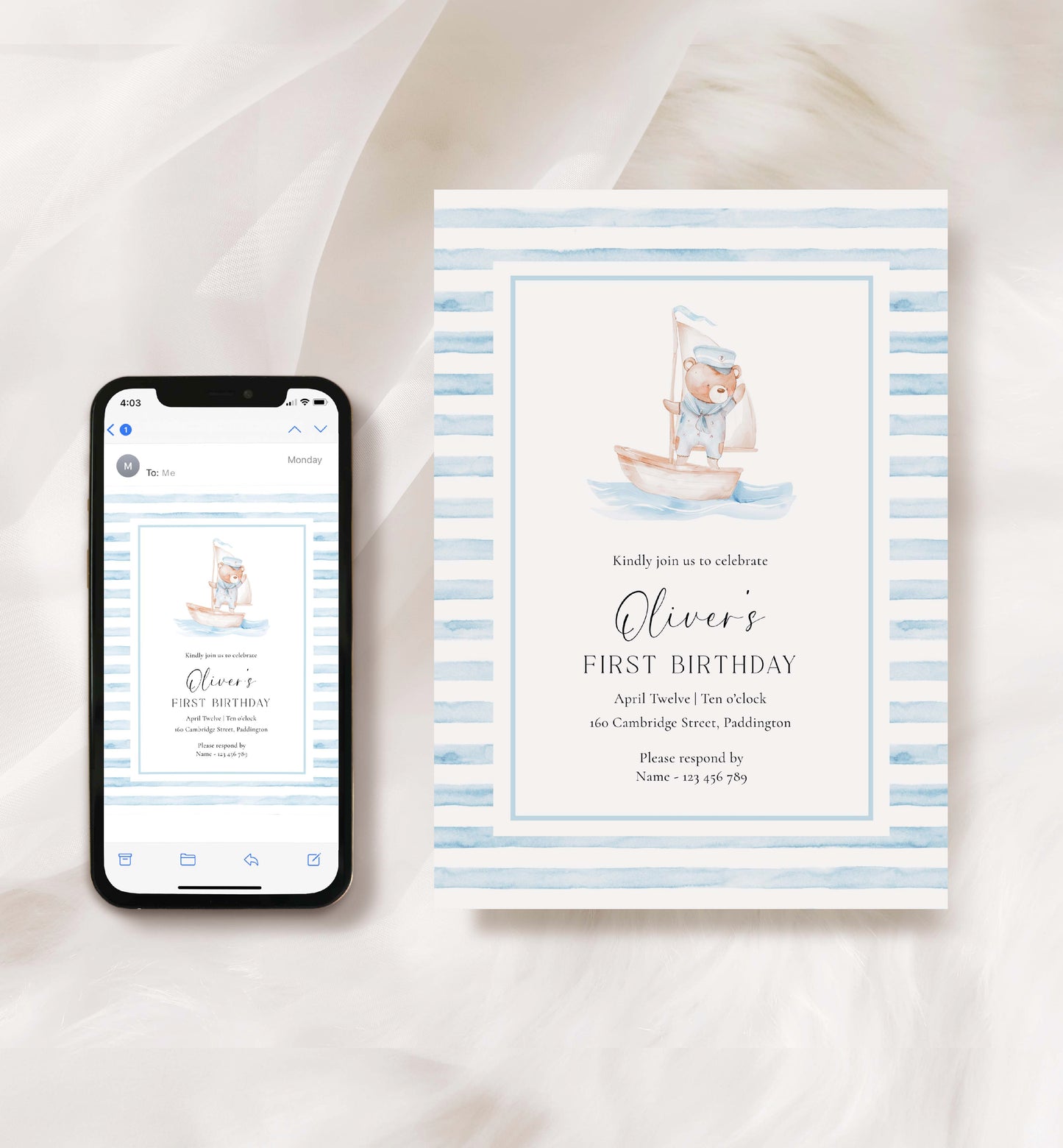 Printable Teddy Bear First Birthday Invitation Template, Sailor Bear, Blue Stripe Boy Birthday Invitation, Nautical First Birthday Evite
