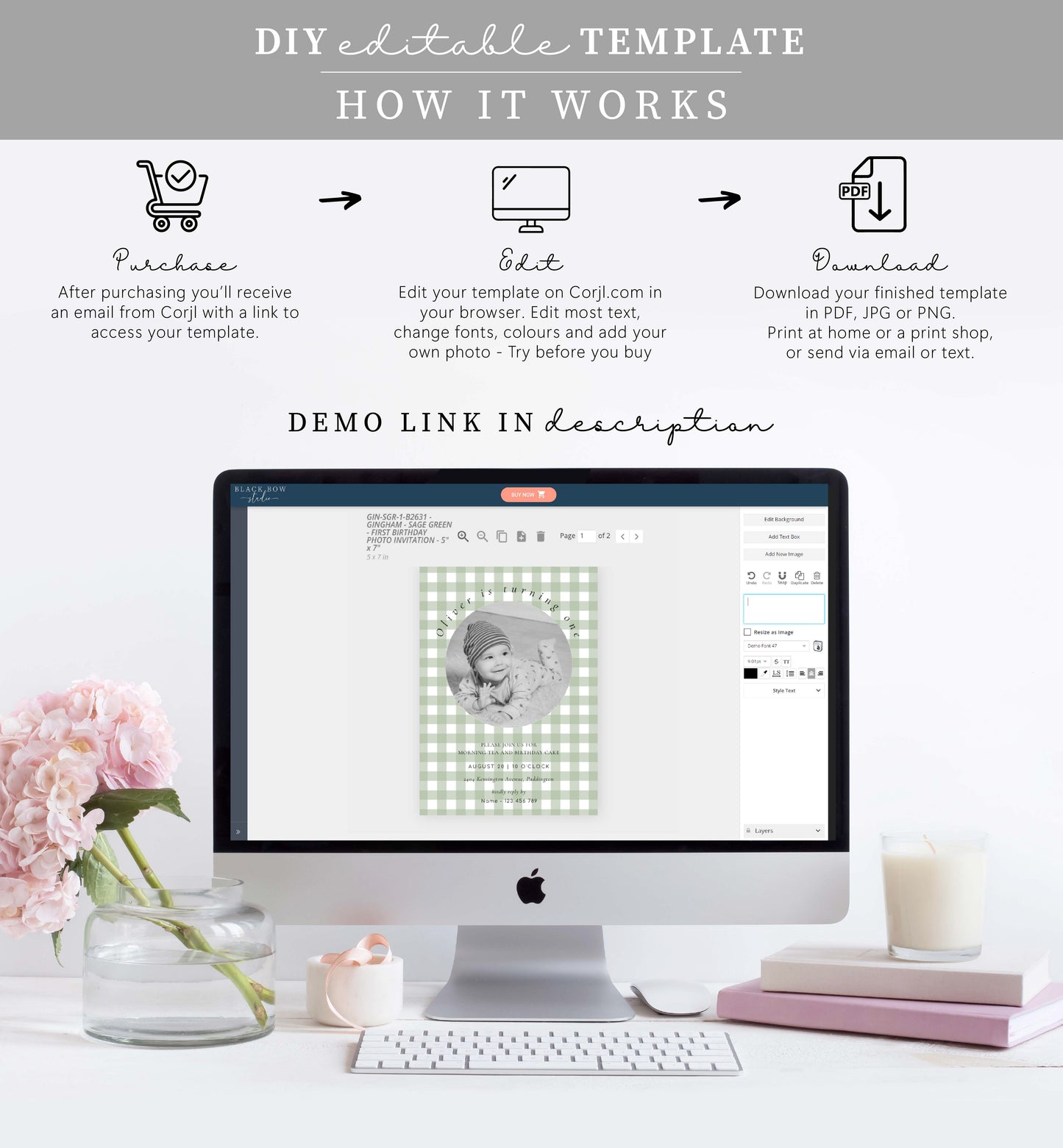 Gingham Sage Green | Printable Birthday Photo Invitation Template