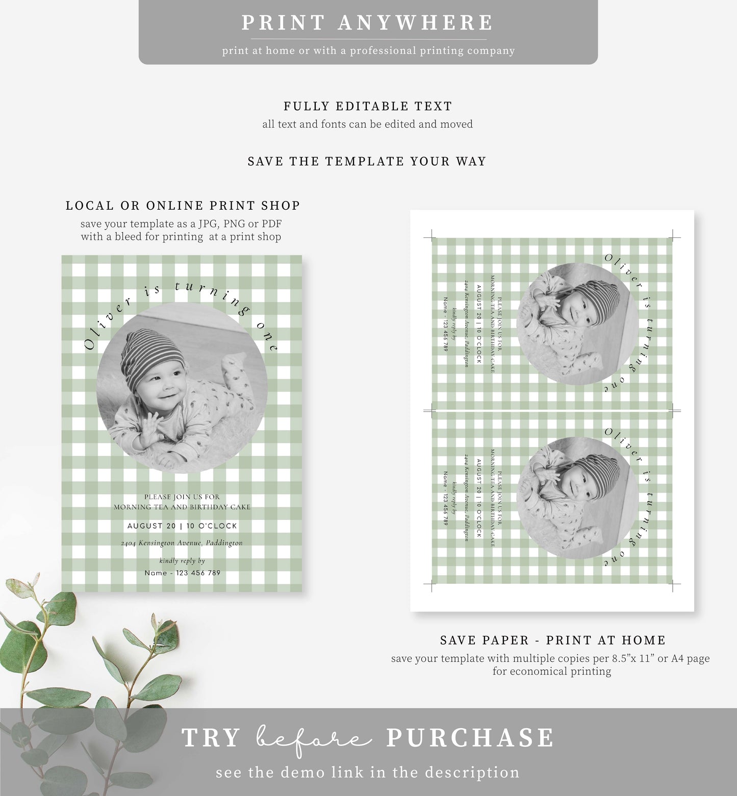 Gingham Sage Green | Printable Birthday Photo Invitation Template
