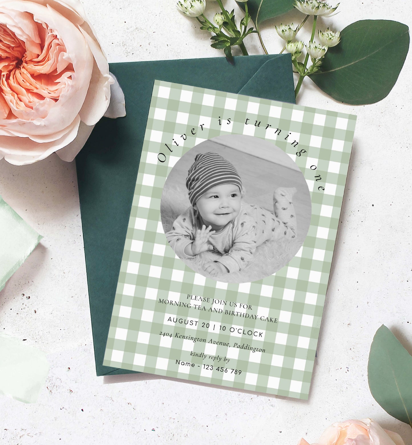 Sage Green Gingham Boy Birthday Photo Invitation, Printable BBQ First Birthday Invite, Editable Male Birthday Invite, Autumn Fall Birthday