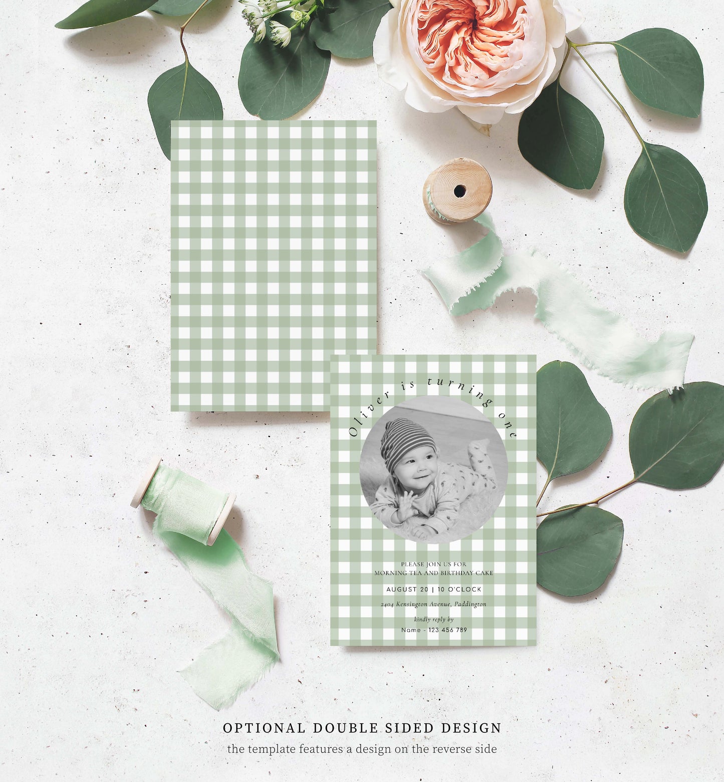 Sage Green Gingham Boy Birthday Photo Invitation, Printable BBQ First Birthday Invite, Editable Male Birthday Invite, Autumn Fall Birthday