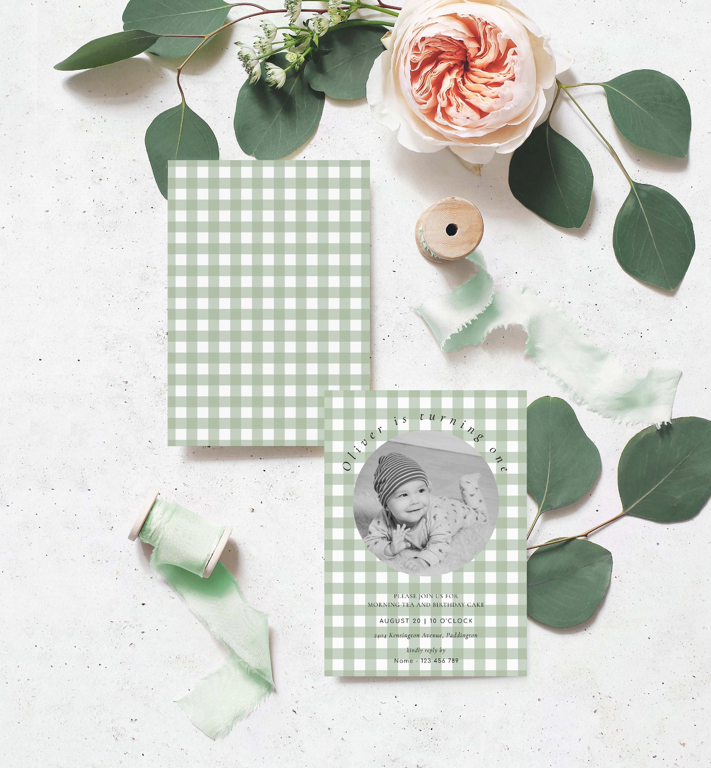 Sage Green Gingham Boy Birthday Photo Invitation, Printable BBQ First Birthday Invite, Editable Male Birthday Invite, Autumn Fall Birthday