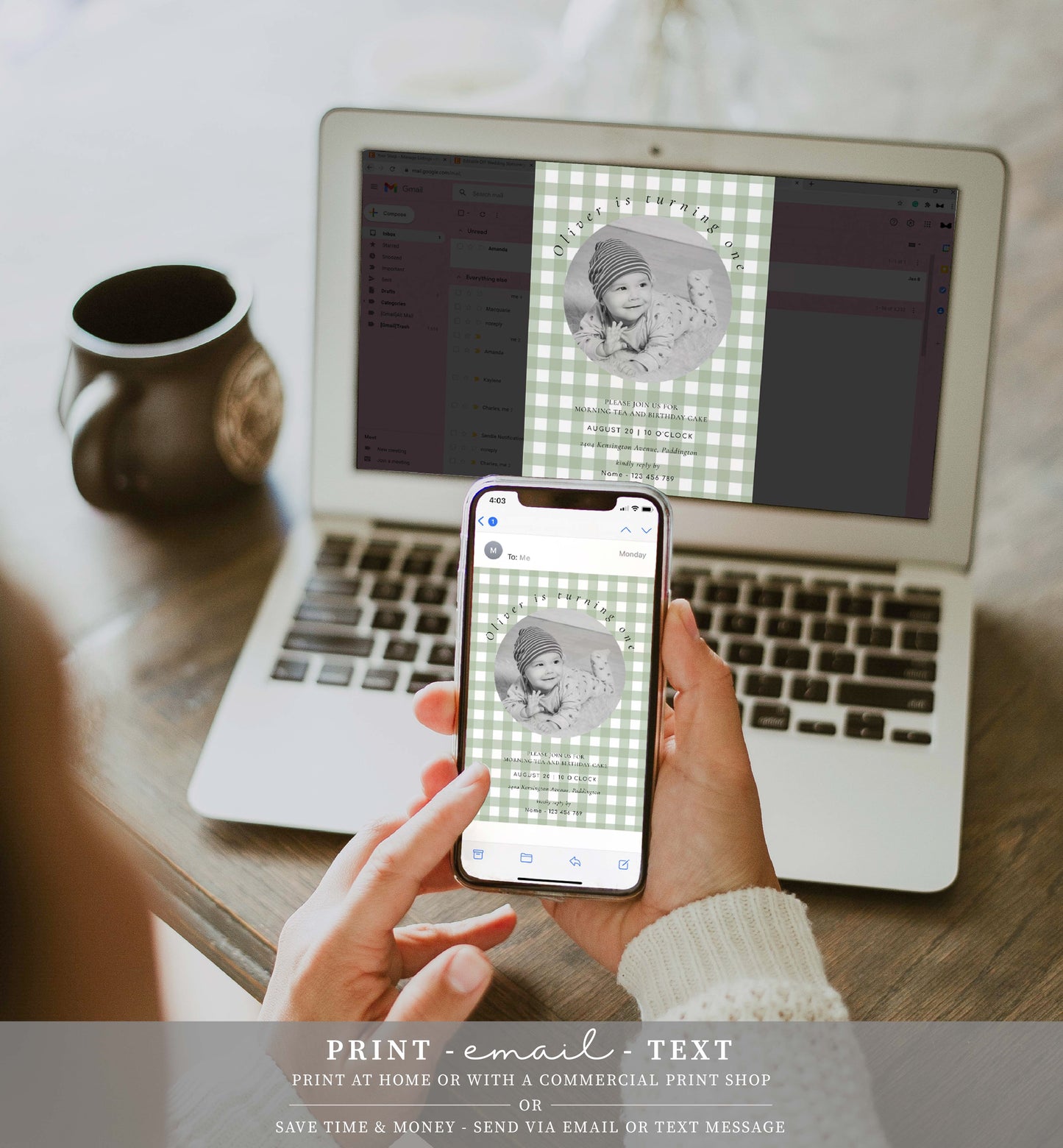 Gingham Sage Green | Printable Birthday Photo Invitation Template