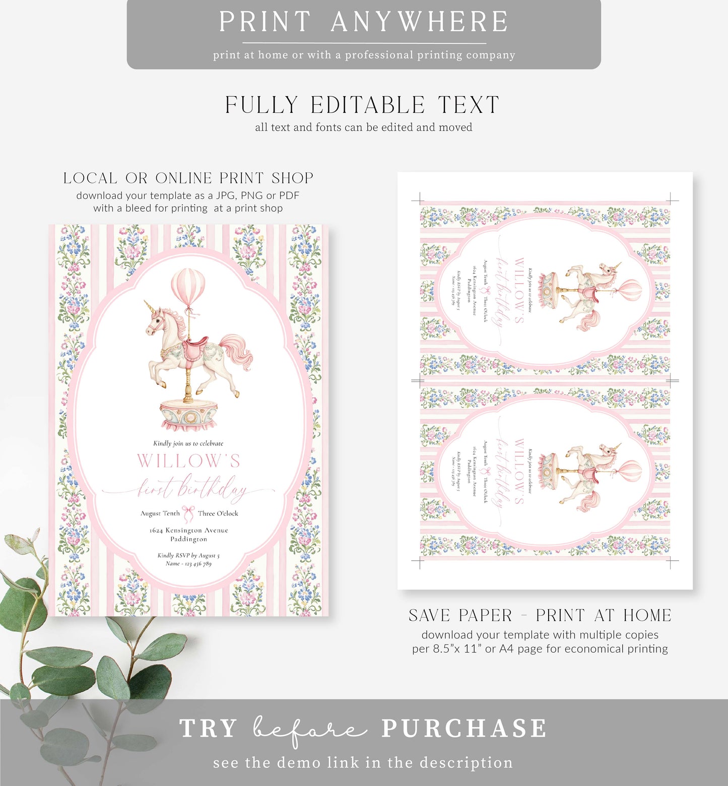 Carousel Pink | Printable First Birthday Invitation Template