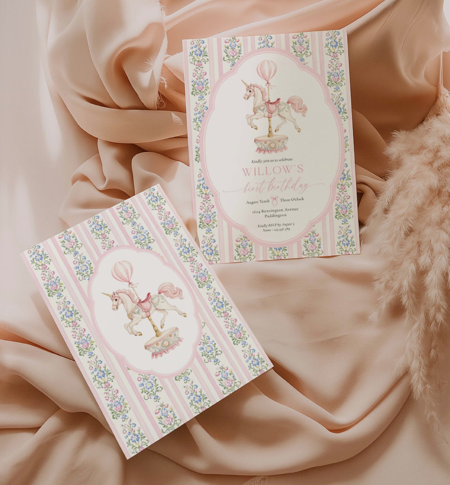 Two pink birthday invitations with a carousel design on a soft pink fabric background. Carousel Horse First Birthday Party Invitation, Printable First Birthday Invite, Girl First Birthday, Whimsical Pink Vintage Circus Horse