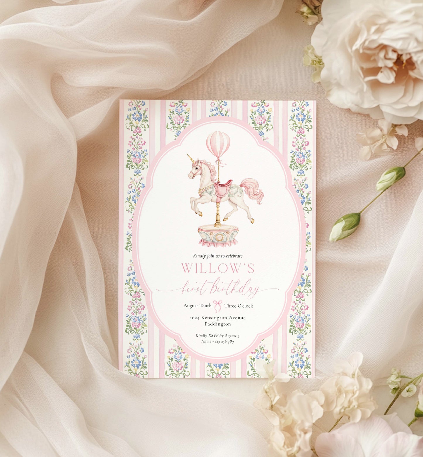 Invitation card with carousel design on a soft fabric background with flowers. Carousel Horse First Birthday Party Invitation, Printable First Birthday Invite, Girl First Birthday, Whimsical Pink Vintage Circus Horse