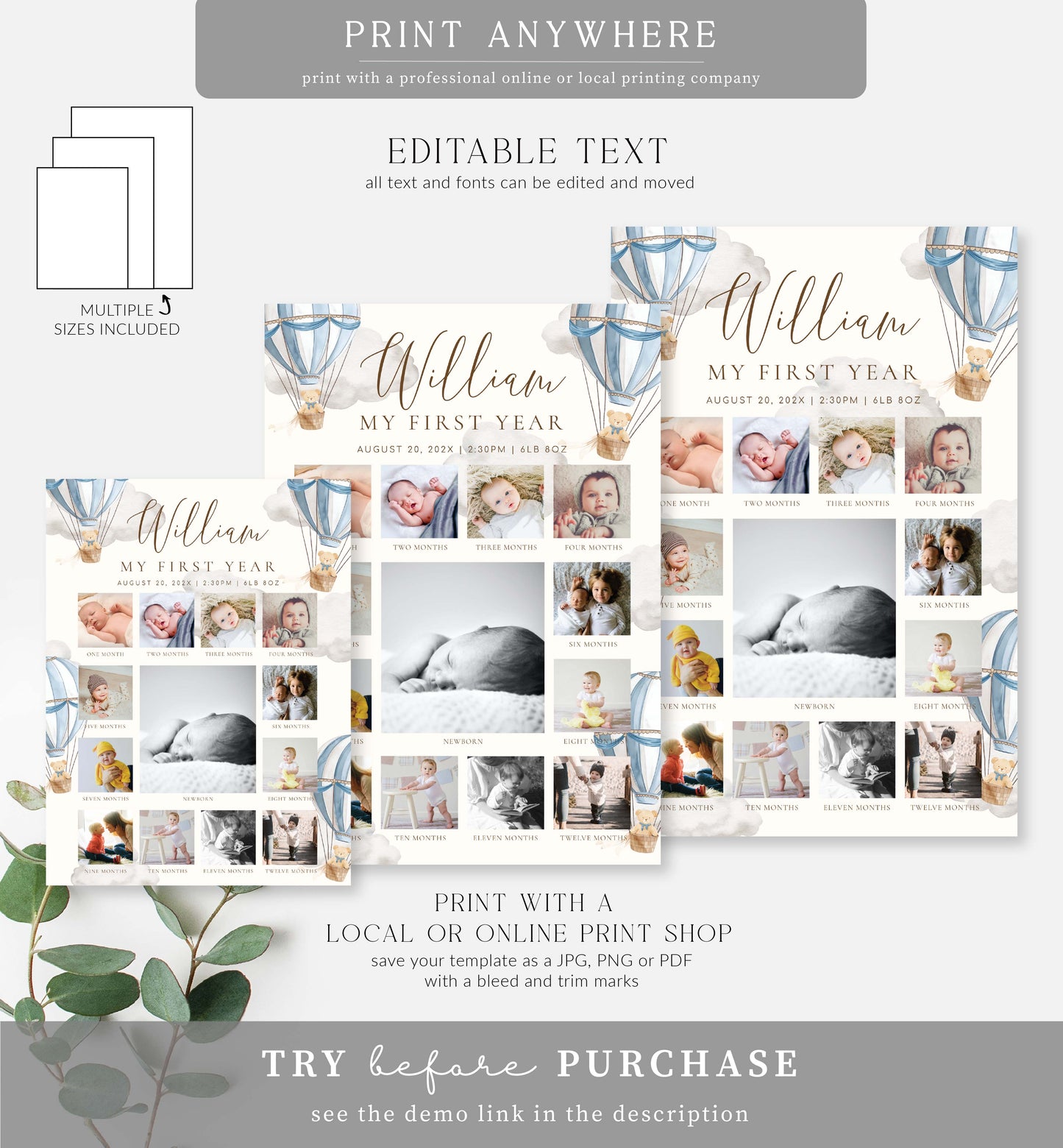 Beary First Blue | Printable My First Year Photo Timeline Sign Template