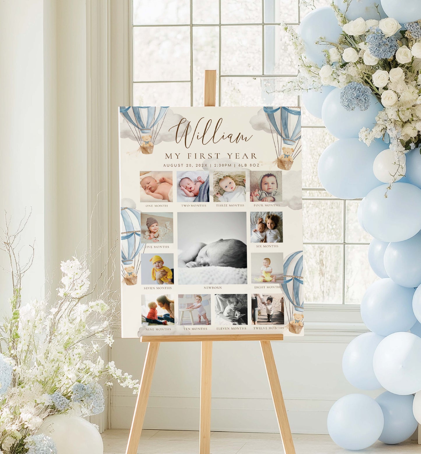 Collage of baby photos on a stand with decorative balloons and flowers in a room. Beary First Birthday Photo Timeline Sign, Teddy Bear Printable 1st Birthday Photo Poster, First Year Photo Collage, Photo Milestone Sign