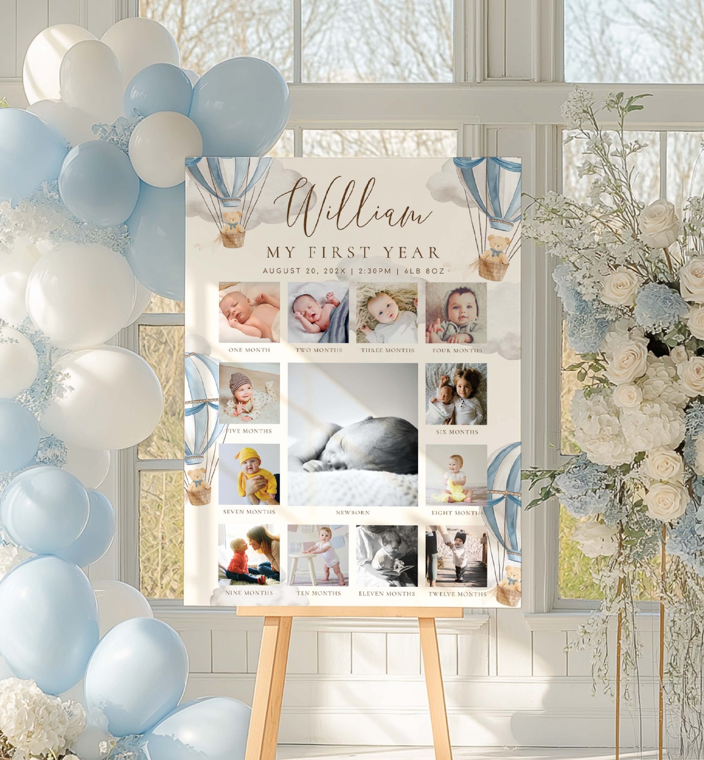 Collage of baby photos on an easel with balloons and flowers in a bright room. Beary First Birthday Photo Timeline Sign, Teddy Bear Printable 1st Birthday Photo Poster, First Year Photo Collage, Photo Milestone Sign