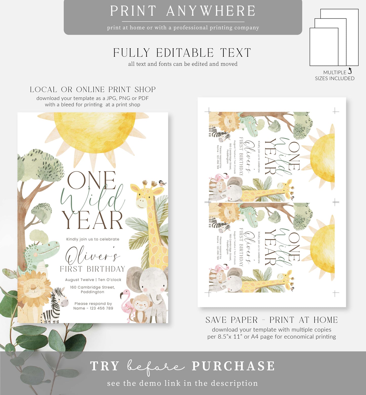 Nyala Safari | Printable First Birthday Invitation Template