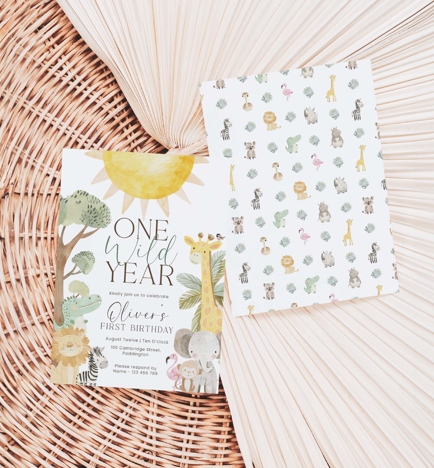 Birthday invitation card with animal illustrations on a woven surface. Printable First Birthday Party Invitation, One Wild Year Safari 1st Birthday Party Invite, Boy Zoo Animal, Jungle Animals Birthday, Nyala