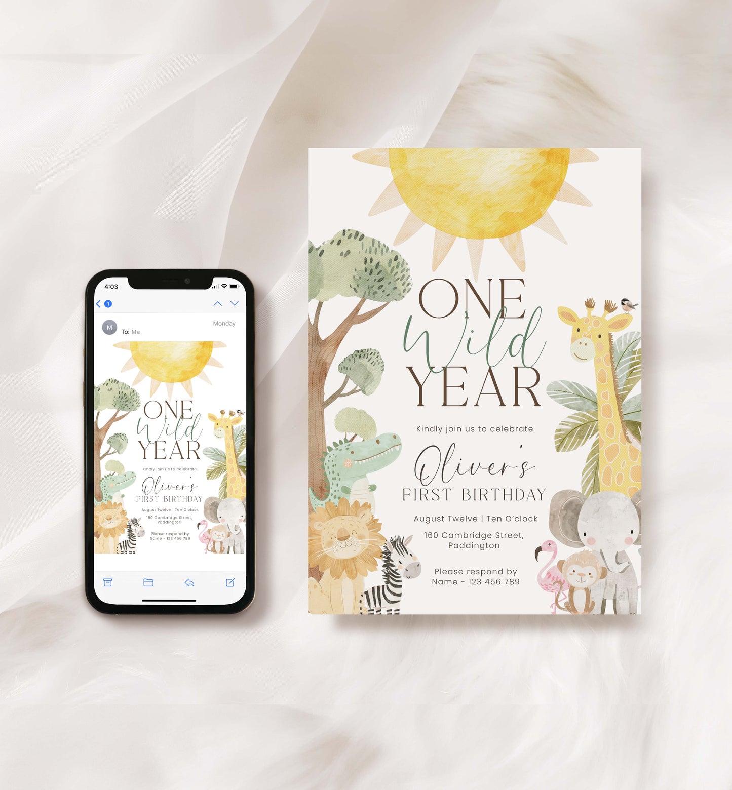 Birthday invitation card with animals and a smartphone displaying the same design on a white background. Printable First Birthday Party Invitation, One Wild Year Safari 1st Birthday Party Invite, Boy Zoo Animal, Jungle Animals Birthday, Nyala