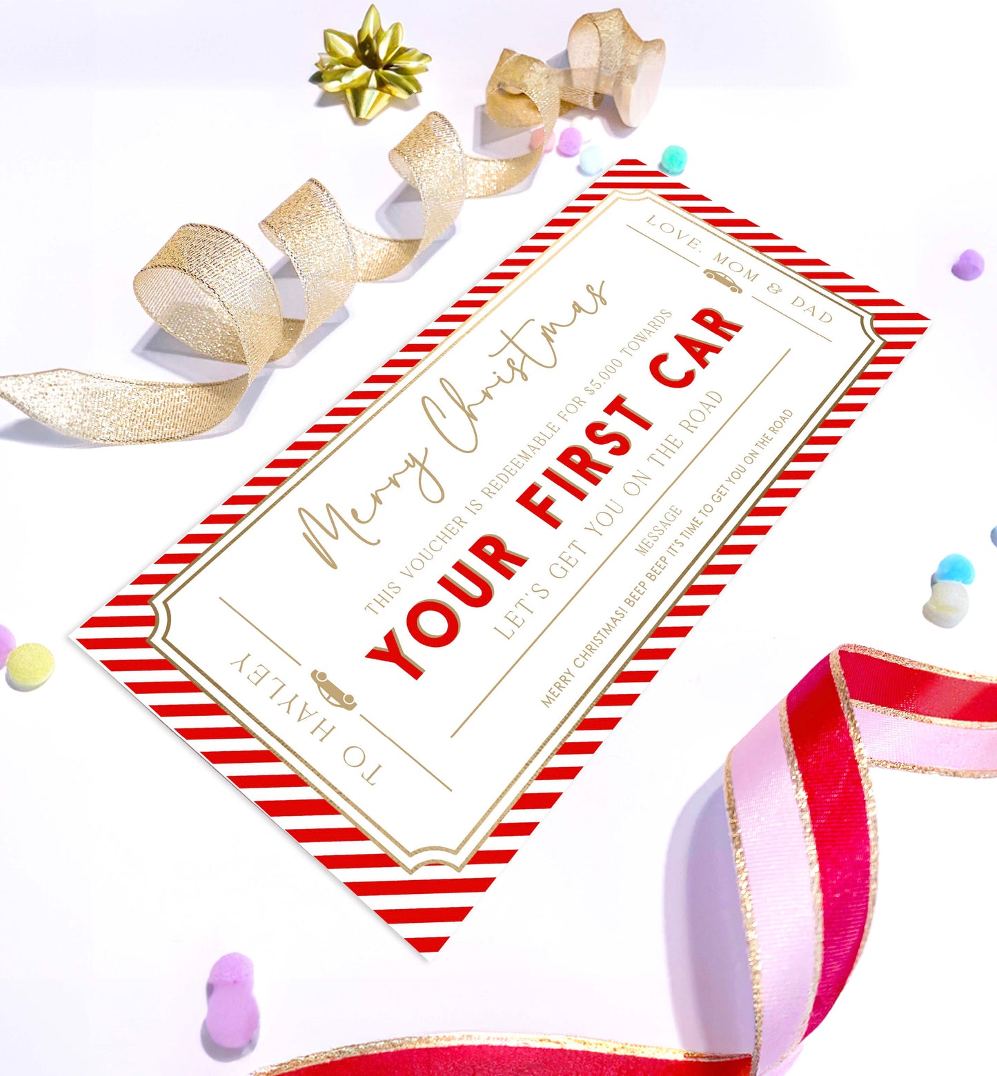 Stripe Red | Printable First Car Christmas Gift Voucher Template