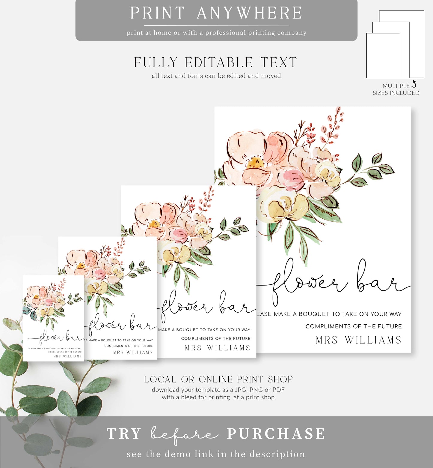 Cambridge Floral Multi | Printable Flower Bar Sign Template