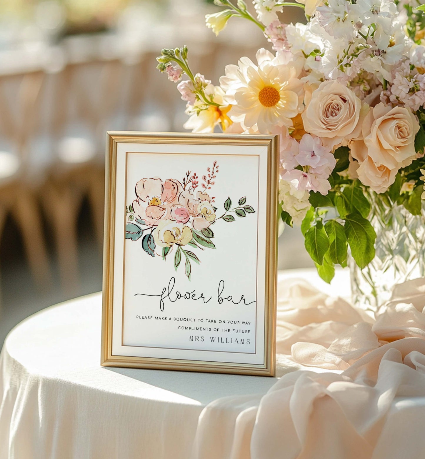 Flower bar sign with floral design on a table with flowers and tablecloth. Vintage Blush Floral Flower Bar Sign, Printable Boho Bridal Shower Flower Station Sign, Bouquet Bar Sign, Flower Station Sign, Cambridge