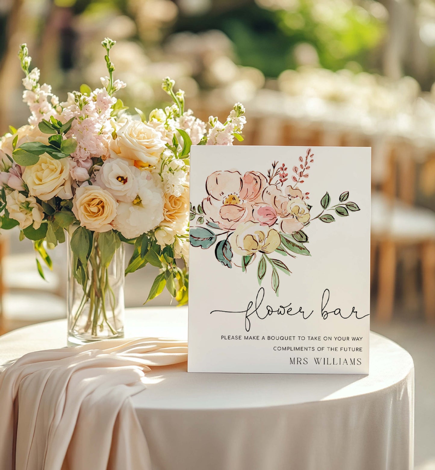 Flower bar sign with floral design on a table with flowers. Vintage Blush Floral Flower Bar Sign, Printable Boho Bridal Shower Flower Station Sign, Bouquet Bar Sign, Flower Station Sign, Cambridge