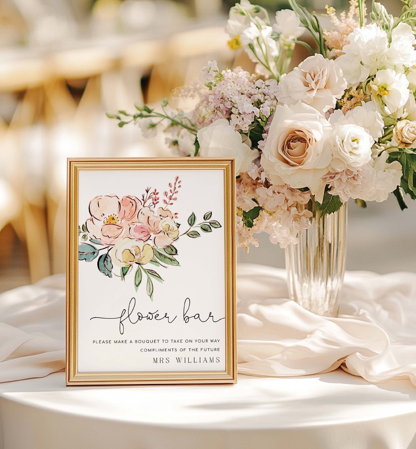 Flower bar sign with floral design and bouquet on a table. Vintage Blush Floral Flower Bar Sign, Printable Boho Bridal Shower Flower Station Sign, Bouquet Bar Sign, Flower Station Sign, Cambridge