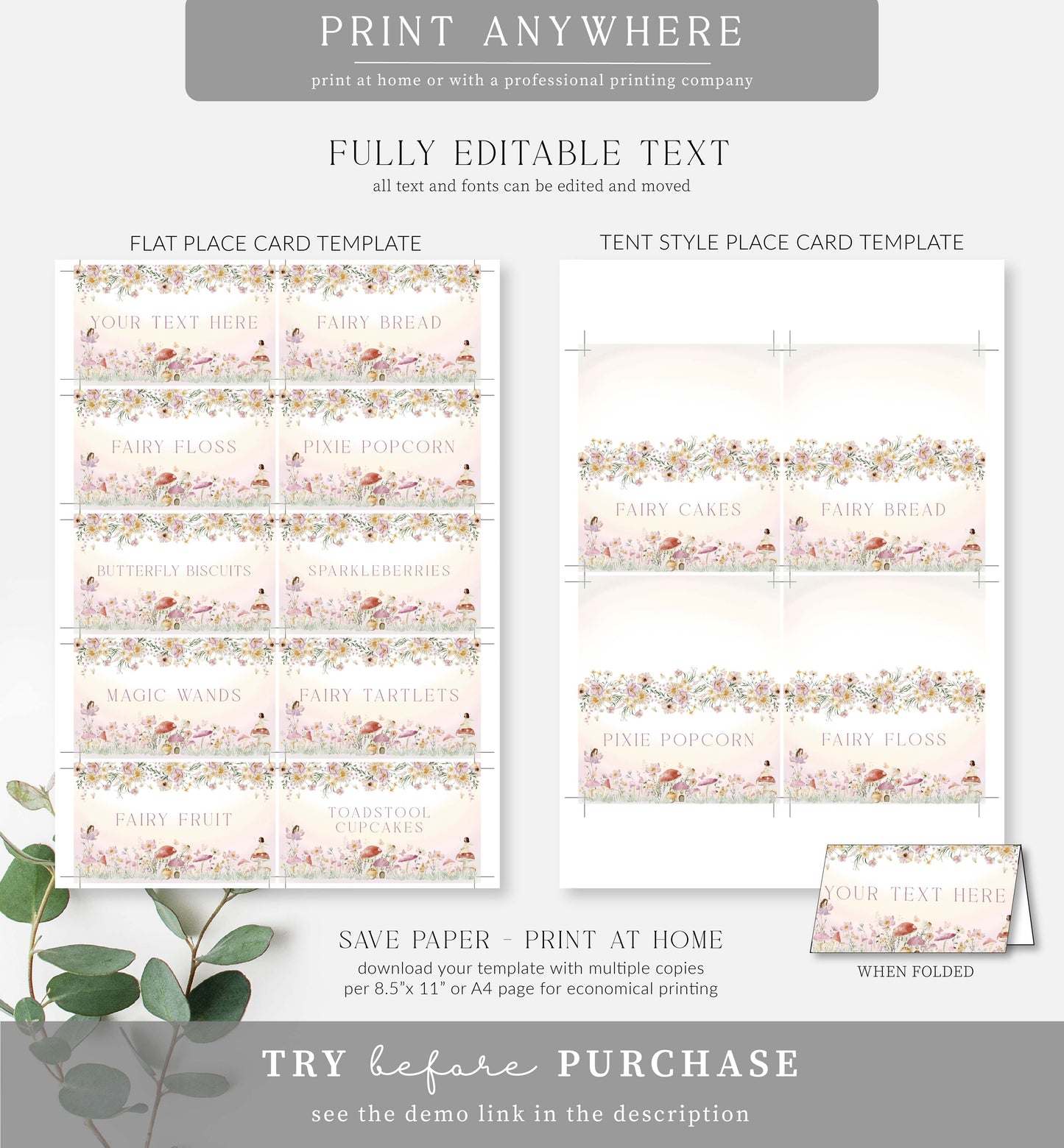 Fairy Multi | Printable Place Cards Template