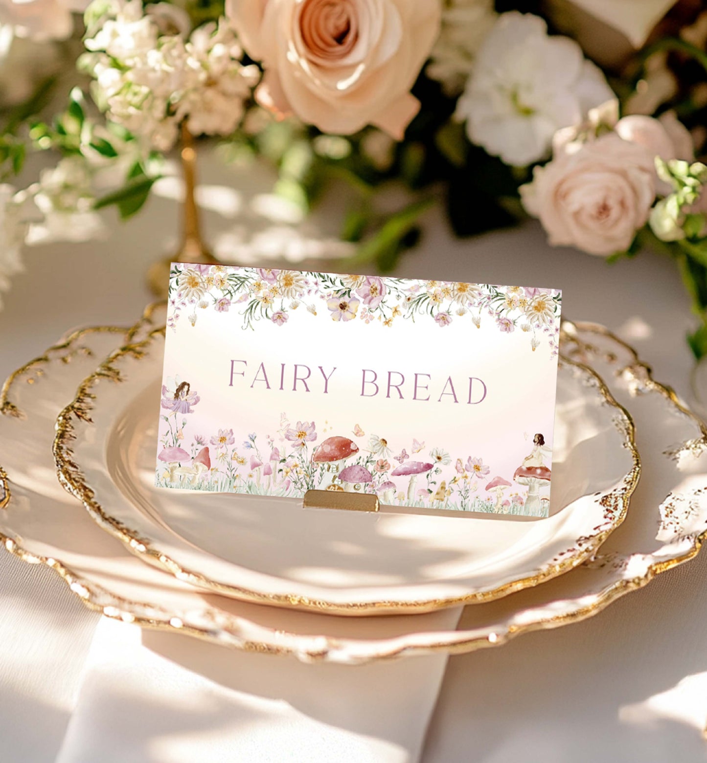 Card labeled 'Fairy Bread' on a decorative plate with flowers in the background. Fairy Party Printable Food Labels, Fairy Princess Birthday Tent Food Labels, Fairy Garden Tea Party, Flat and Tent Place Card Template