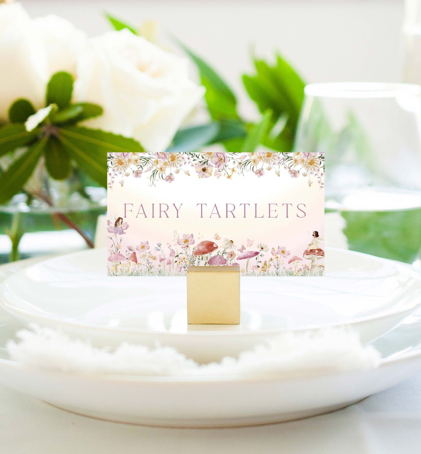 Fairy tartlets packaging with floral design on a white plate with greenery in the background. Fairy Party Printable Food Labels, Fairy Princess Birthday Tent Food Labels, Fairy Garden Tea Party, Flat and Tent Place Card Template