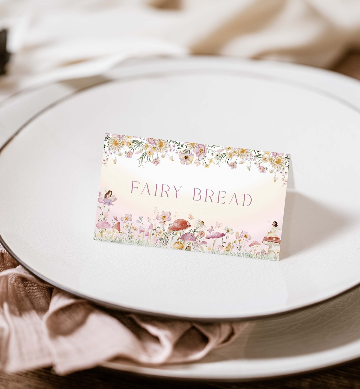 Fairy bread card on a white plate with a floral design. Fairy Party Printable Food Labels, Fairy Princess Birthday Tent Food Labels, Fairy Garden Tea Party, Flat and Tent Place Card Template