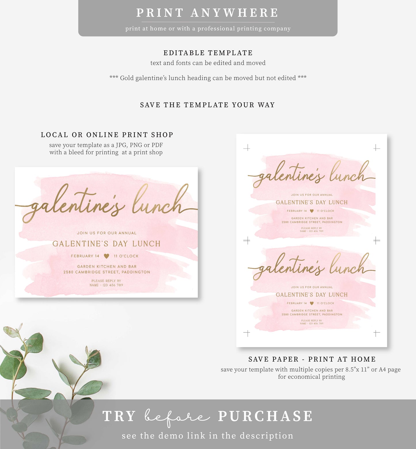 Watercolour Pink | Printable Galentine's Lunch Invitation Template