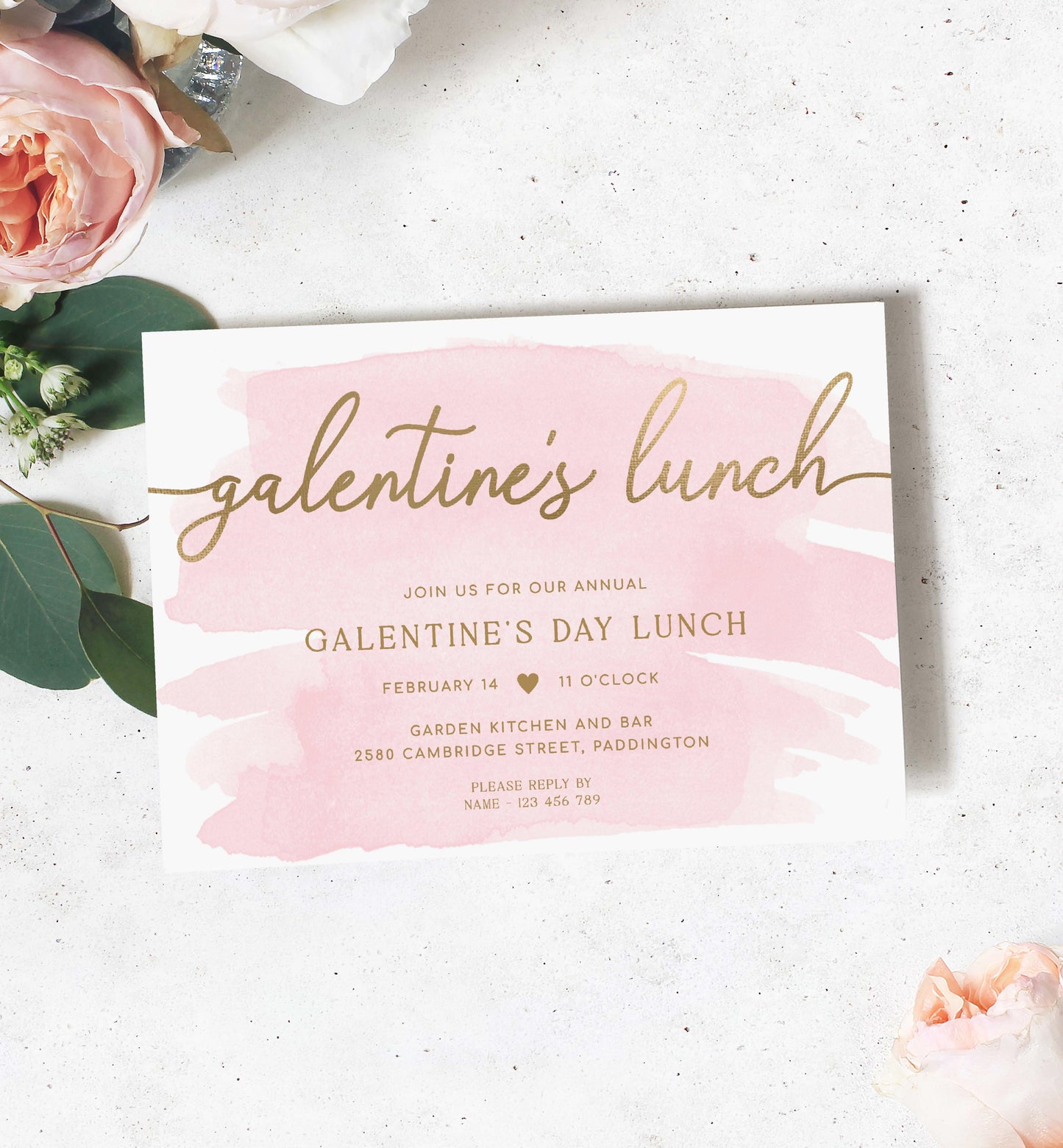 Galentine's Lunch Invitation Template, Printable Valentine's Day Lunch Party Invitation, Galentine's Invitation, Gold, Pink Watercolour