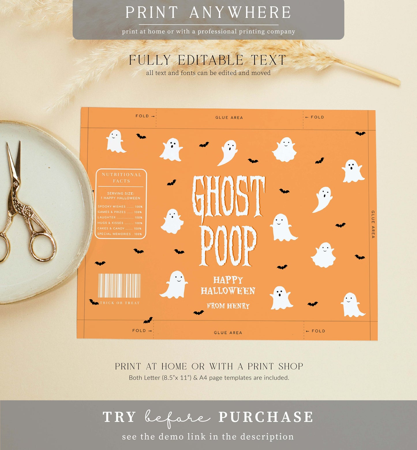 Friendly Ghost Orange | Printable Ghost Poop Popcorn Bag Wrapper Template