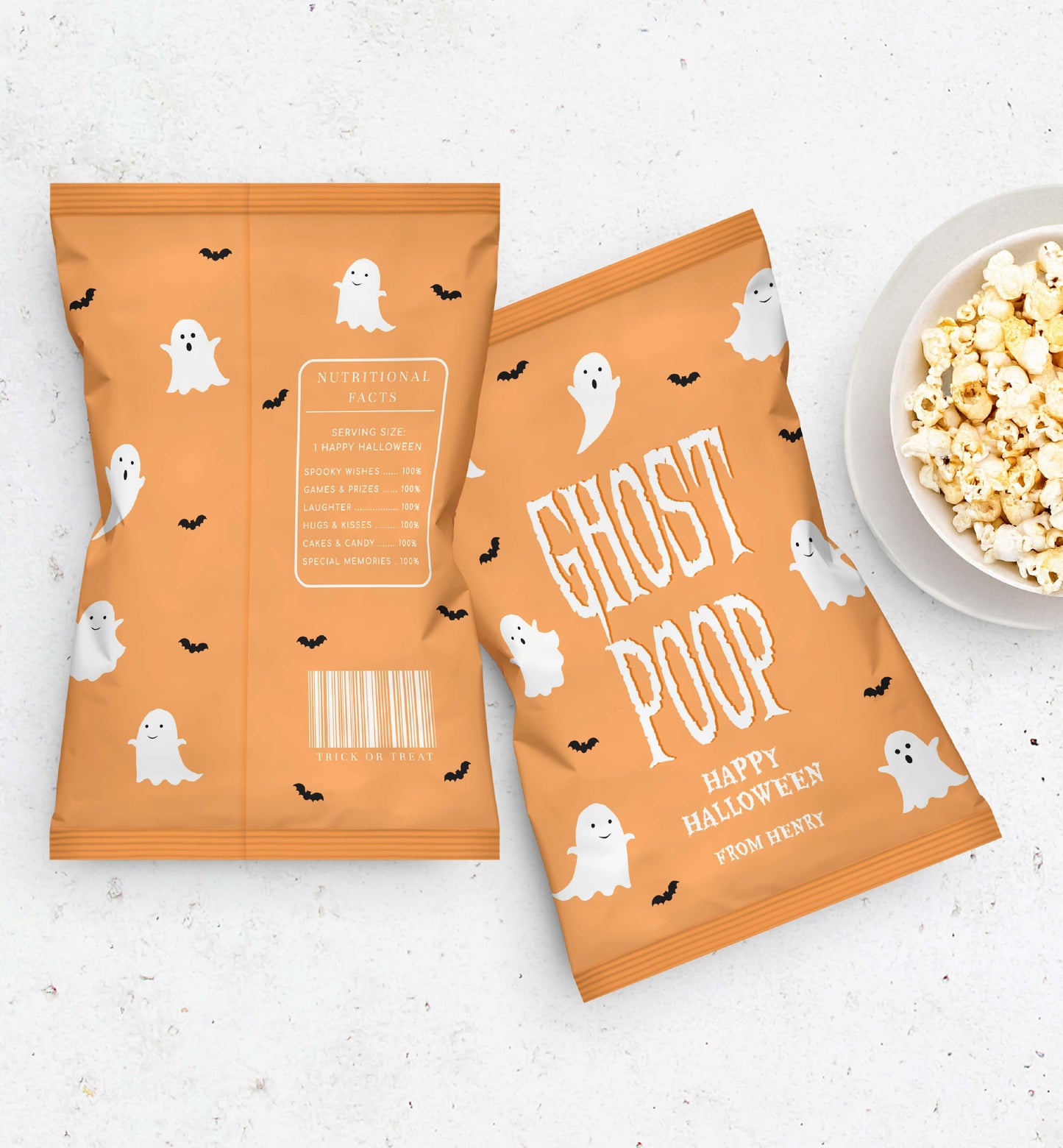 Halloween-themed snack package with ghost design on a white background. Ghost Poop Popcorn Bag Wrapper, Printable Halloween Trick Or Treat Gift, Classroom Halloween Gift, Halloween Popcorn Bag Wrapper
