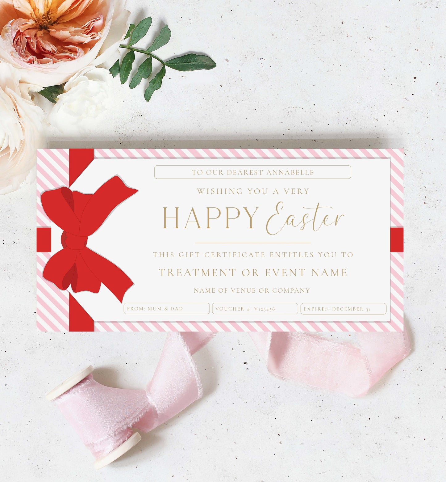 Easter Gift Voucher Template, Fully Custom Printable Gift Certificate Easter Present, Pink Red Easter Basket Gift Coupon, Gift Tag Stripe