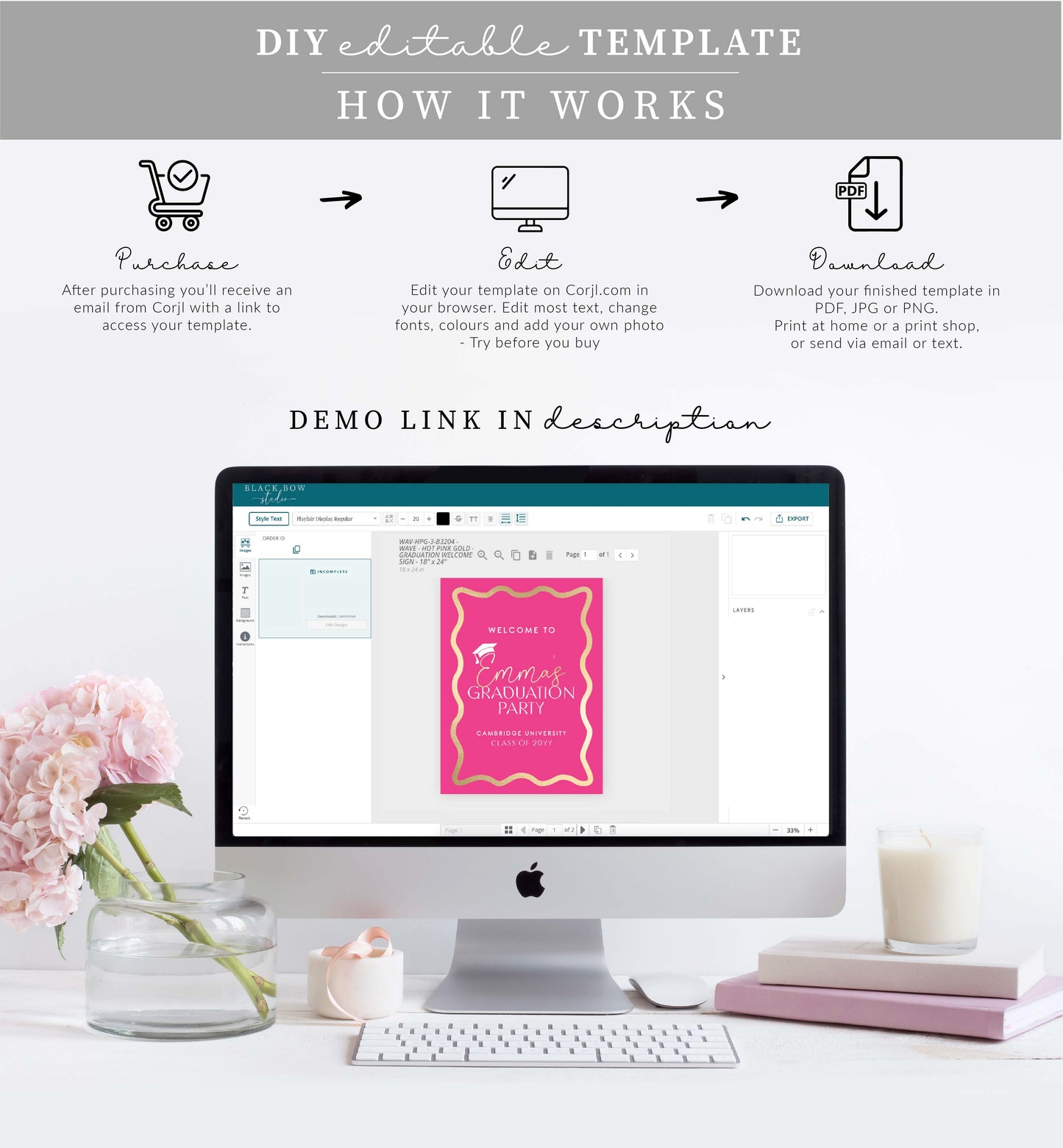Wave Hot Pink Gold | Printable Graduation Welcome Sign Template