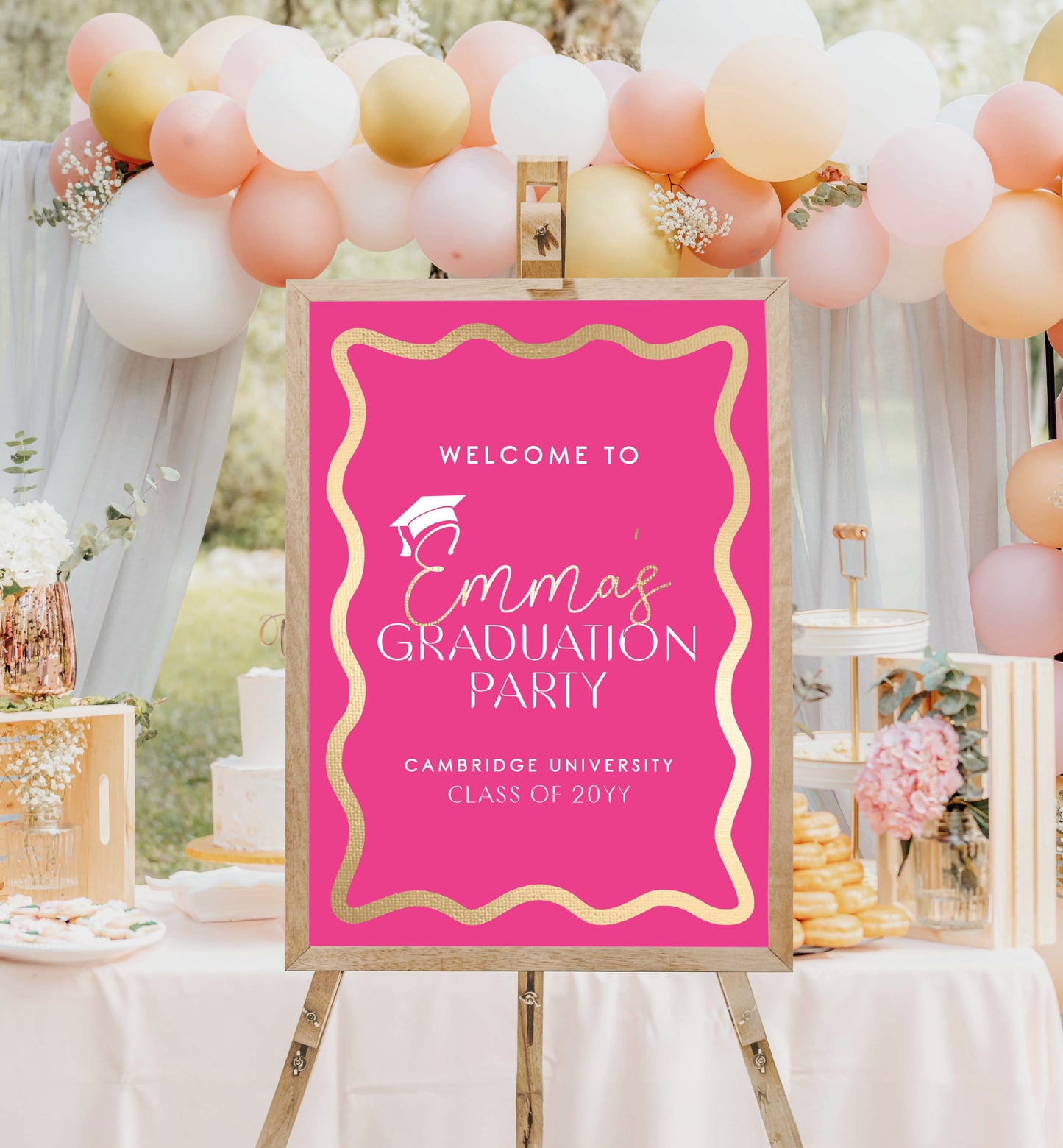 Graduation Welcome Sign Template, Wave Curvy Line, Hot Pink Gold, Printable High School Graduation Welcome Sign, College Graduation
