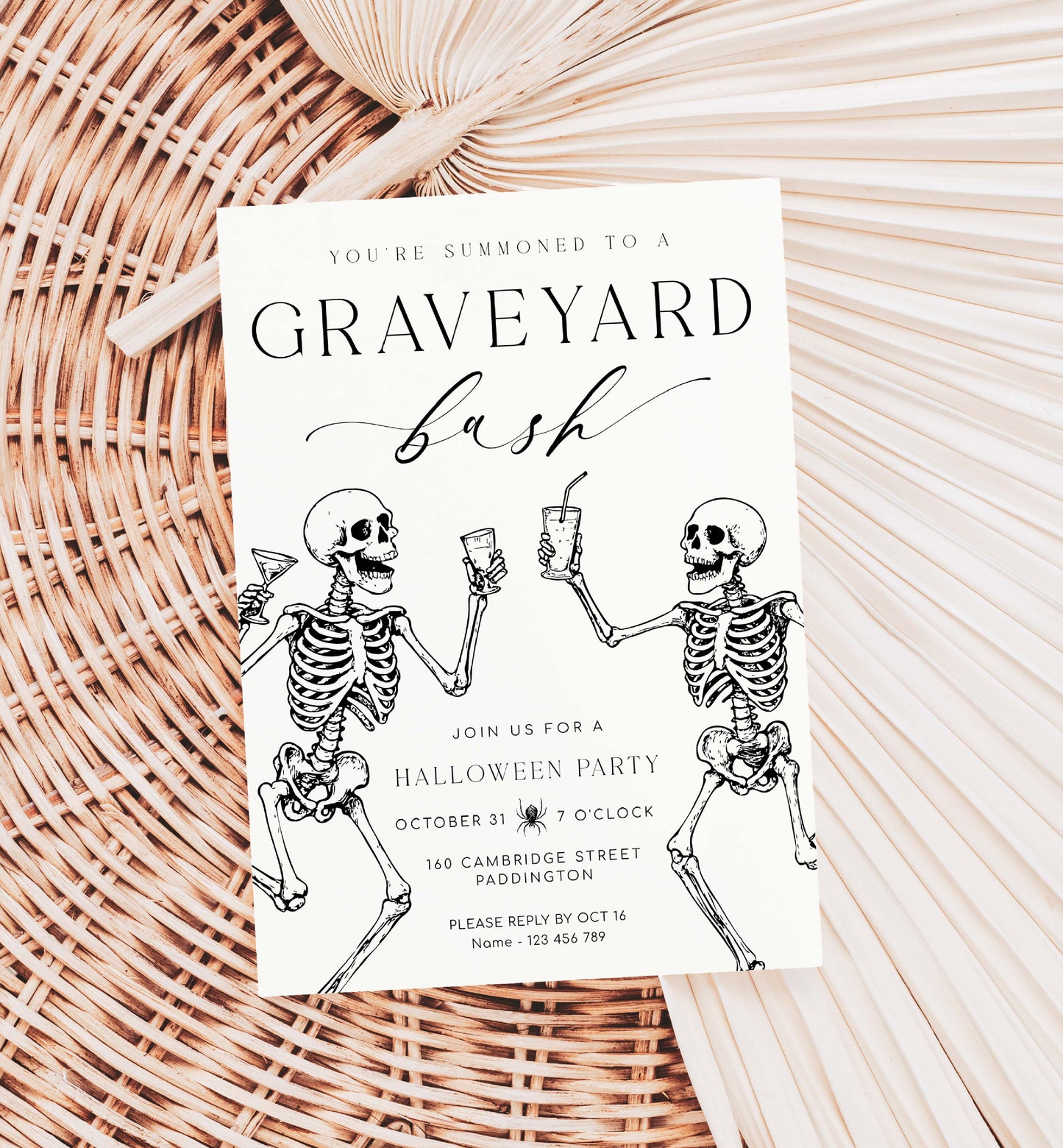 Halloween invitation with skeletons on a textured surface. Halloween Graveyard Bash Skeletons Invitation, Printable Halloween Custom Party Invite, Skeletons, Adults Halloween Party, Halloween Evite