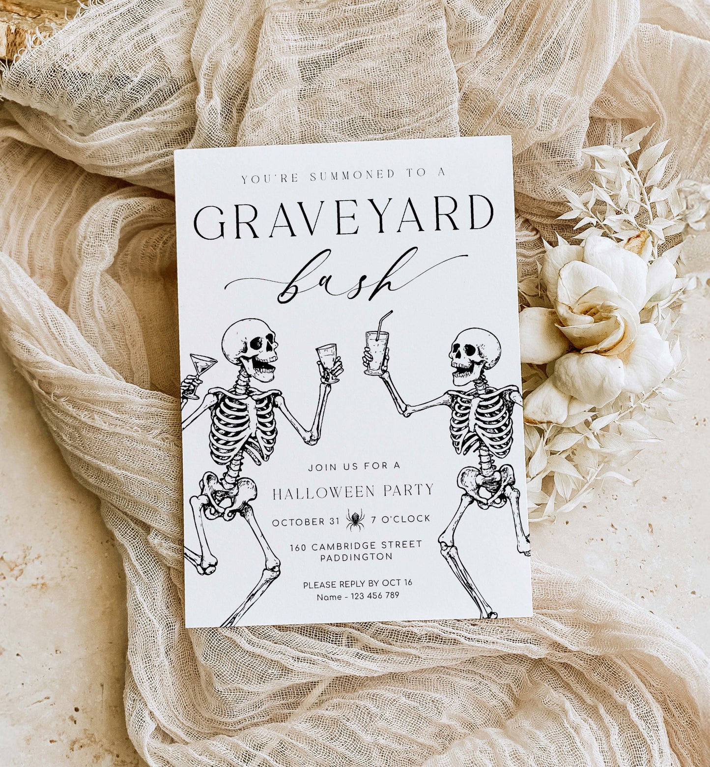 Invitation card for a 'Graveyard Bash' Halloween party with skeletons on a textured fabric background. Halloween Graveyard Bash Skeletons Invitation, Printable Halloween Custom Party Invite, Skeletons, Adults Halloween Party, Halloween Evite