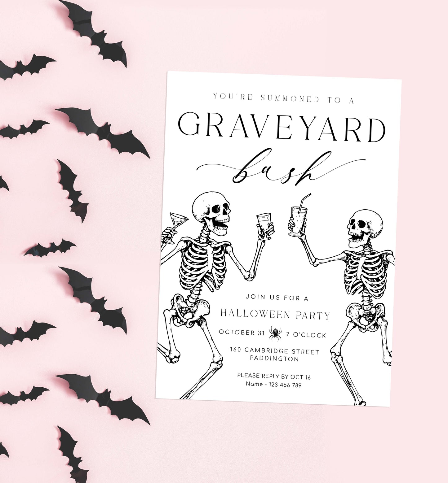 Halloween party invitation with skeletons and bats on a pink background. Halloween Graveyard Bash Skeletons Invitation, Printable Halloween Custom Party Invite, Skeletons, Adults Halloween Party, Halloween Evite