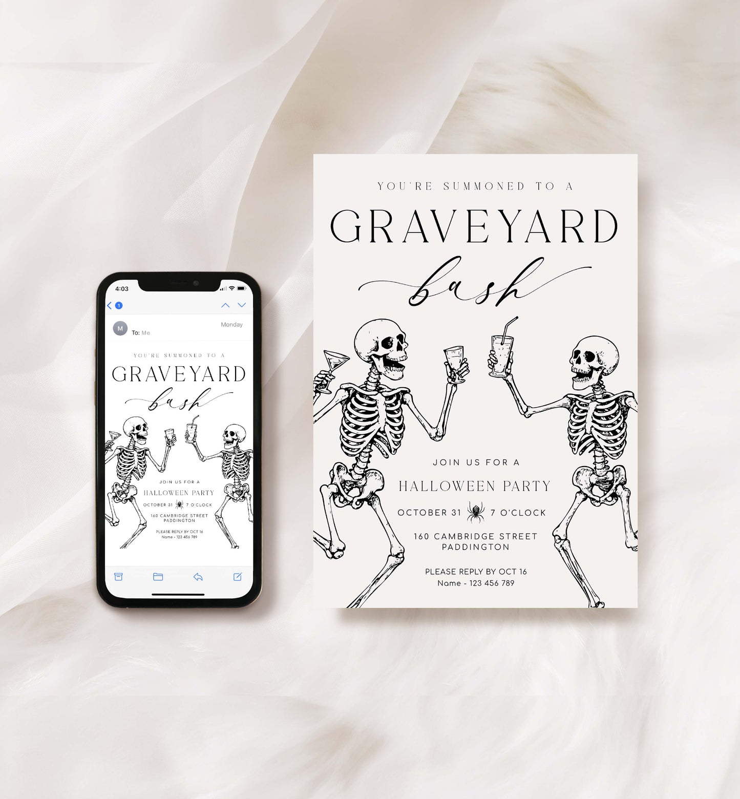 Halloween party invitation with skeletons and smartphone displaying the same design on a white background. Halloween Graveyard Bash Skeletons Invitation, Printable Halloween Custom Party Invite, Skeletons, Adults Halloween Party, Halloween Evite