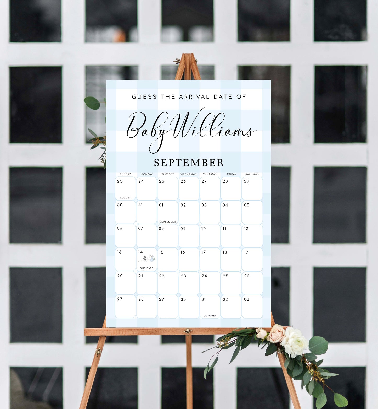 Gingham Blue | Printable Arrival Date Baby Shower Game Sign Template