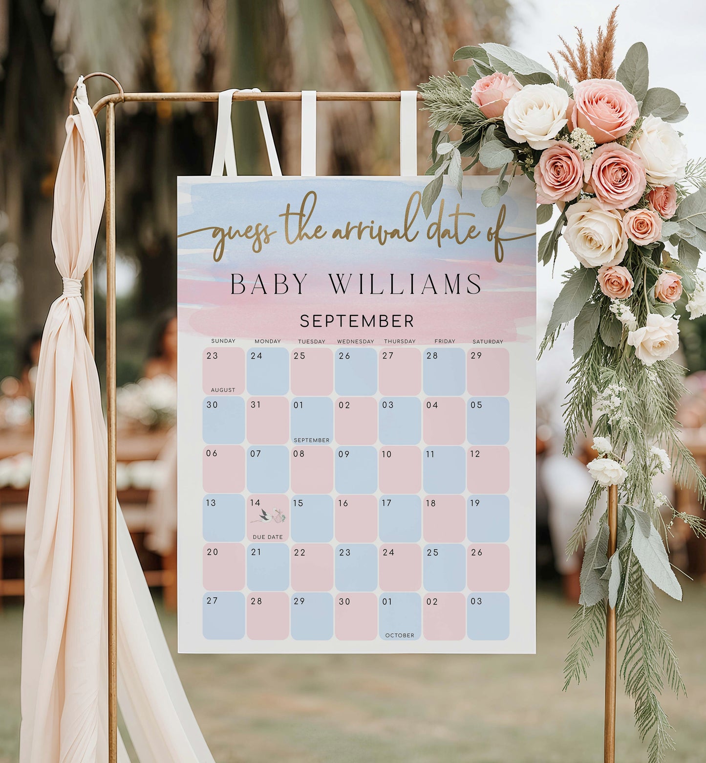 Guess The Arrival Date Game Sign, Pink Blue Watercolour Guess The Due Date Game Baby Shower Sign, Birthday Date Calendar Guessing Game Sign