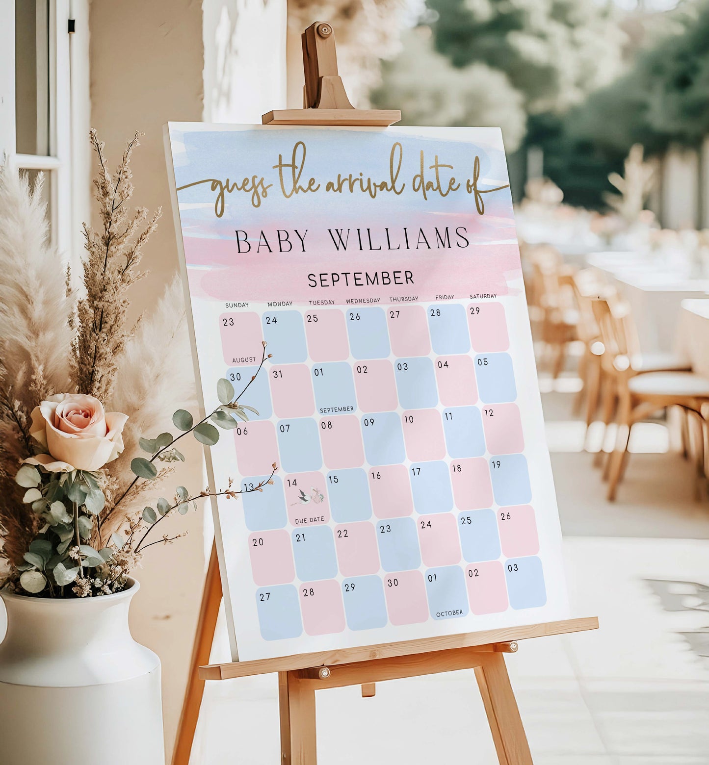 Guess The Arrival Date Game Sign, Pink Blue Watercolour Guess The Due Date Game Baby Shower Sign, Birthday Date Calendar Guessing Game Sign