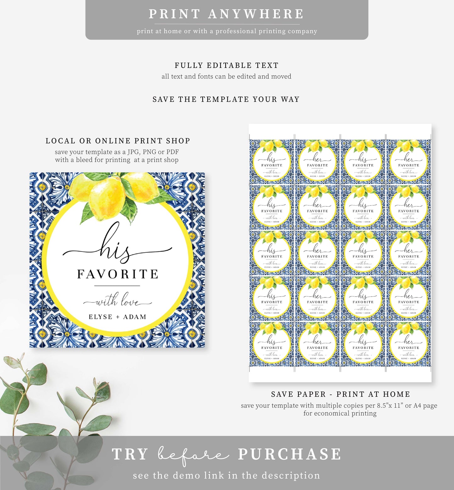 Positano Lemons | Printable His Her Favourite Favour Tags Template