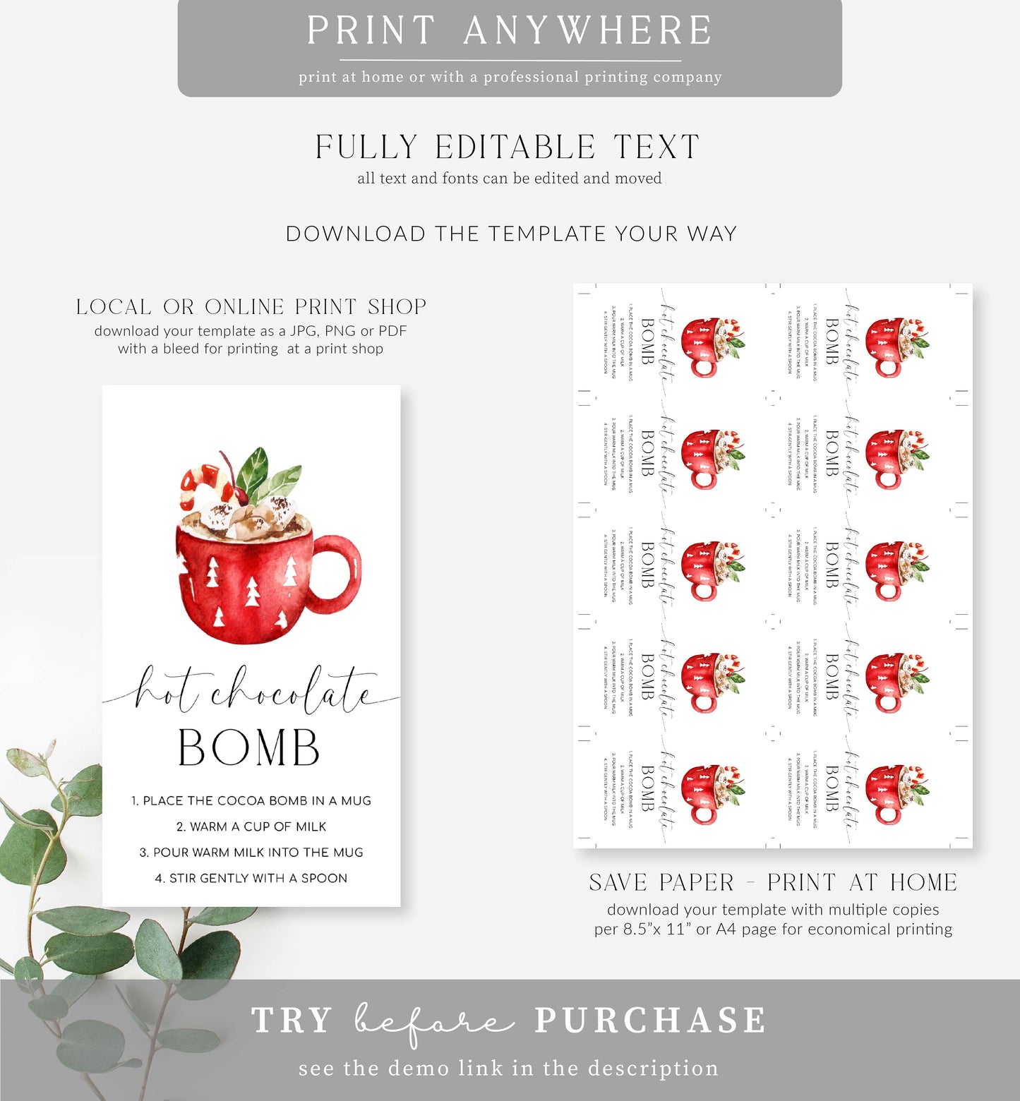 Nutmeg Noel | Printable Christmas Hot Chocolate Bomb Gift Tag Template