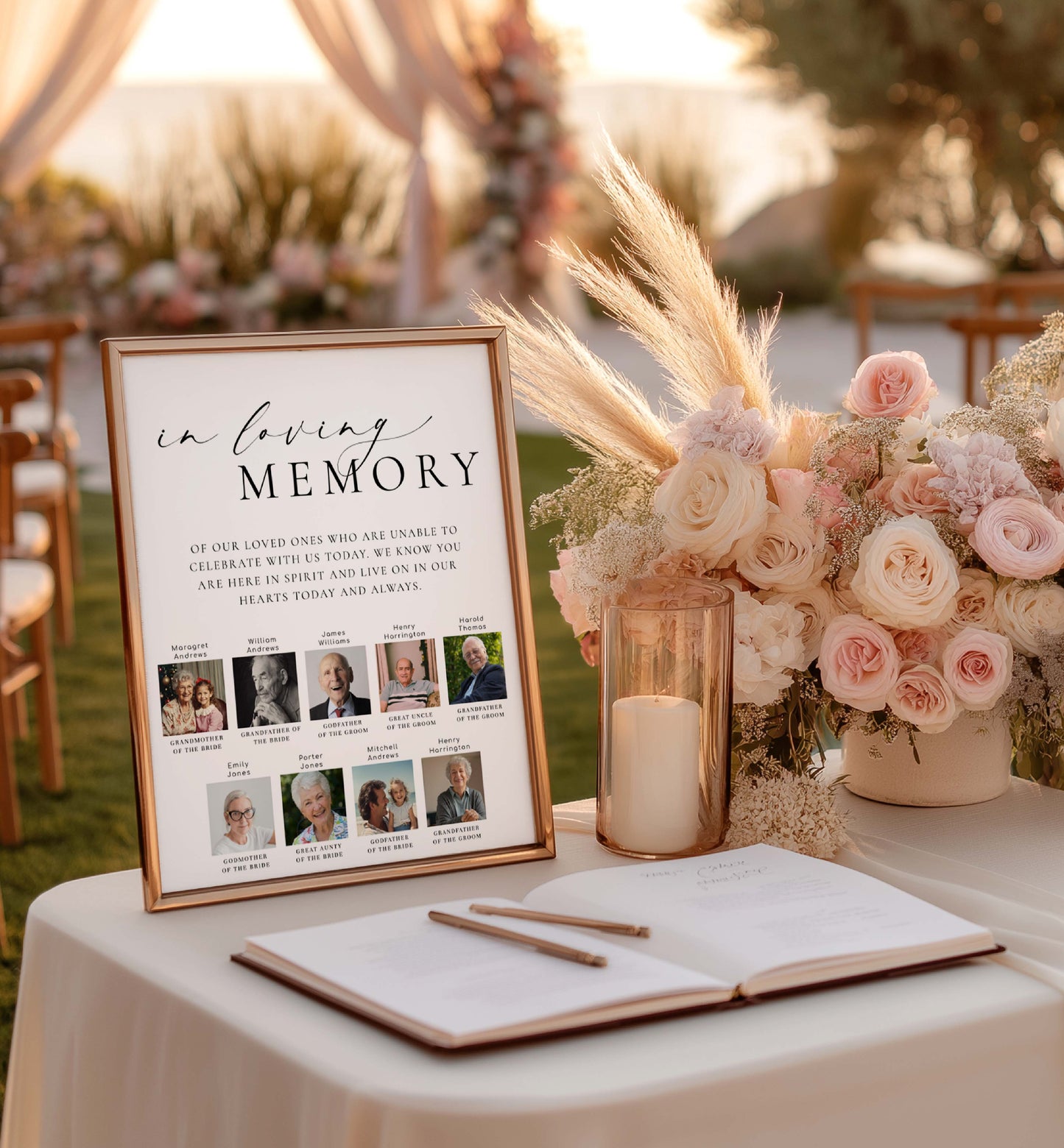 Memorial table setup with 'In Loving Memory' sign, flowers, and candles at an outdoor event. Printable Photo In Loving Memory Sign, Modern Minimal Wedding Custom Photo Memorial Sign Template, Photo Remembrance Sign, Ellesmere