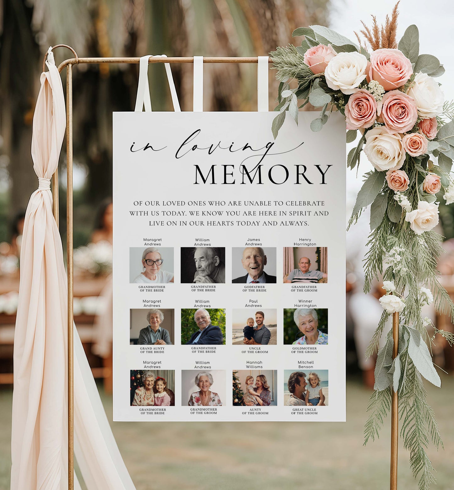 In loving memory poster with photos on a decorative stand with flowers and ribbons. Printable Photo In Loving Memory Sign, Modern Minimal Wedding Custom Photo Memorial Sign Template, Photo Remembrance Sign, Ellesmere