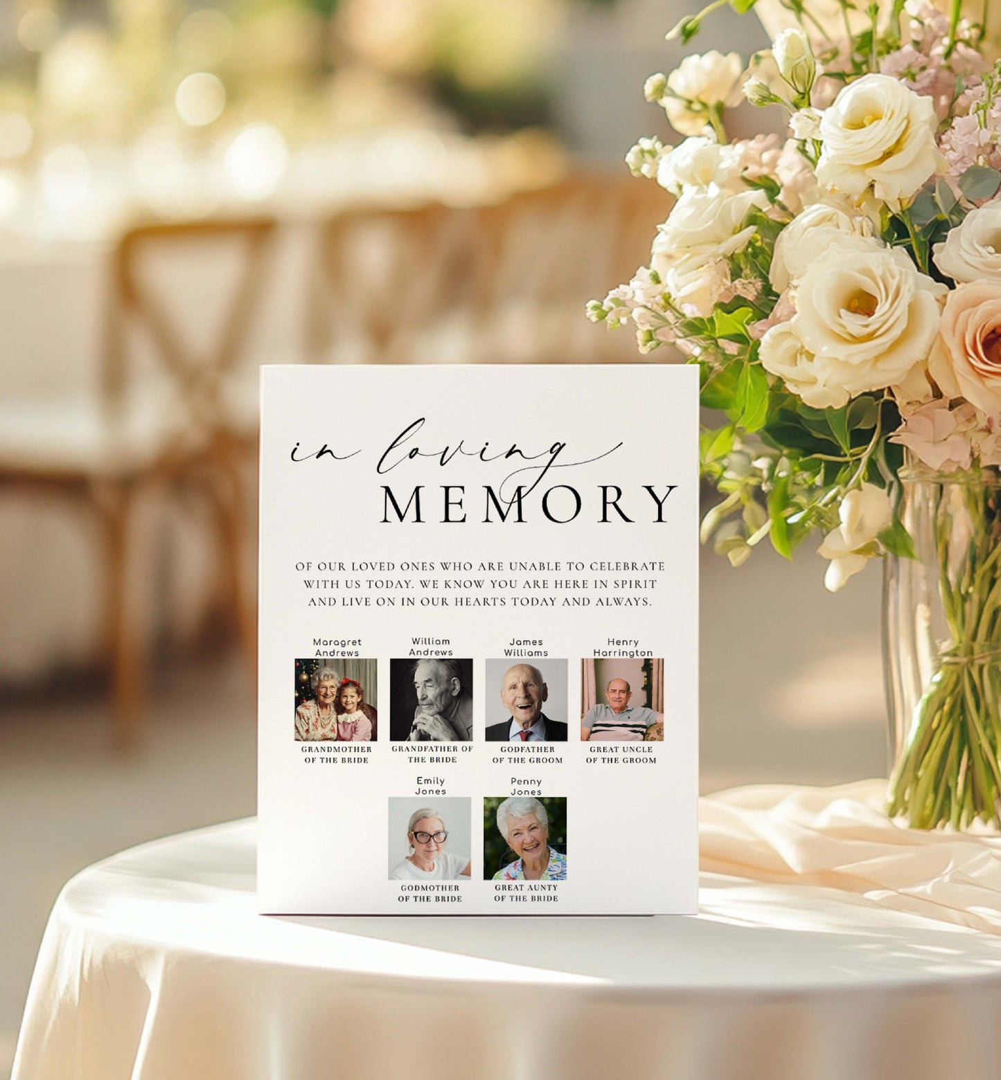 Memorial plaque for loved ones at a wedding with floral arrangement in the background. Printable Photo In Loving Memory Sign, Modern Minimal Wedding Custom Photo Memorial Sign Template, Photo Remembrance Sign, Ellesmere