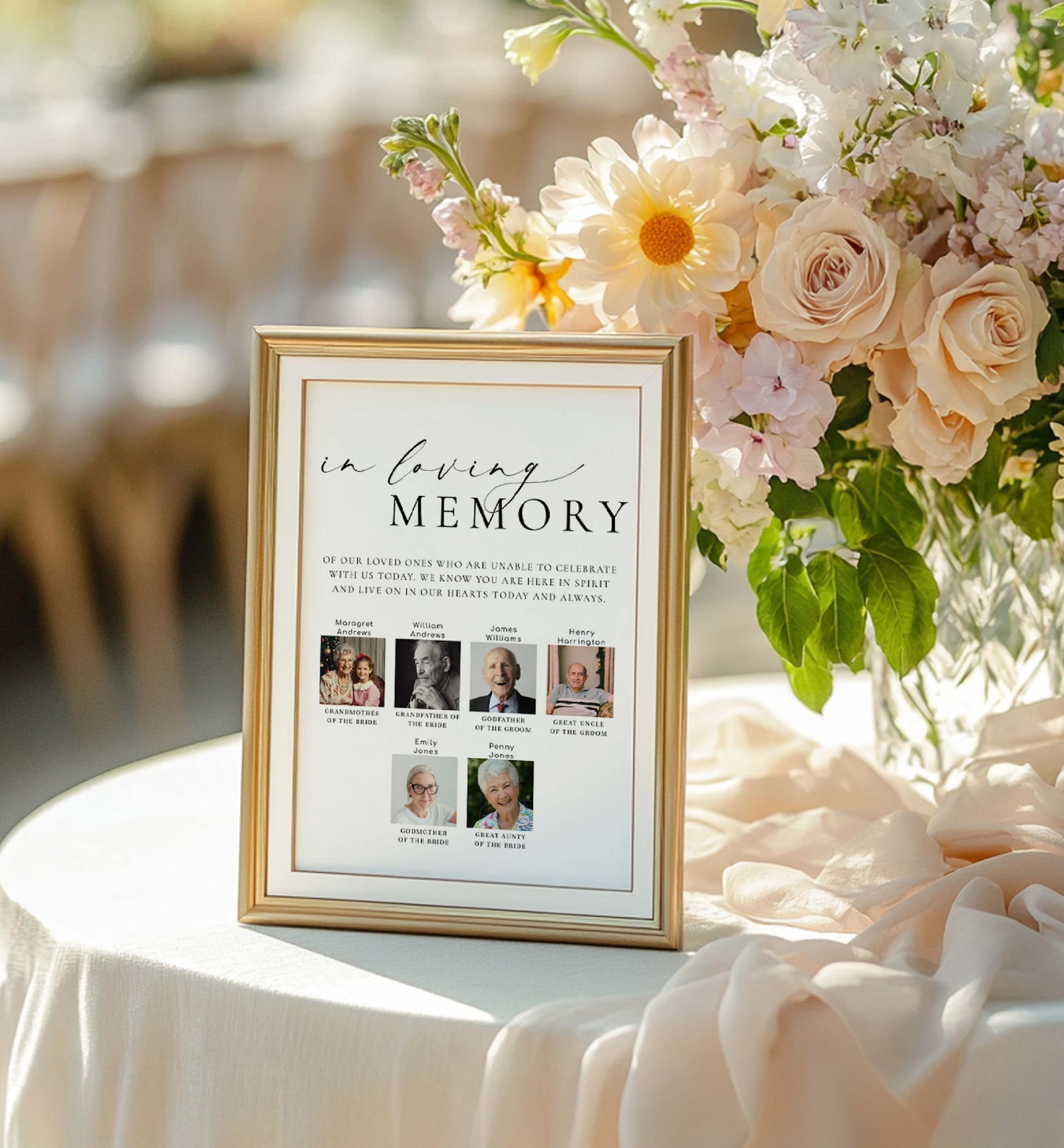 Memorial plaque with 'In Loving Memory' text and photos, placed on a table with flowers. Printable Photo In Loving Memory Sign, Modern Minimal Wedding Custom Photo Memorial Sign Template, Photo Remembrance Sign, Ellesmere
