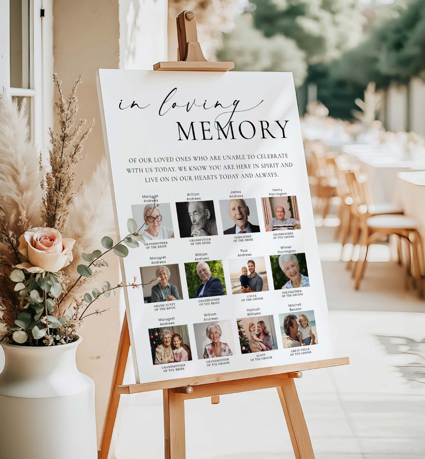 Memorial board with photos of deceased loved ones at an outdoor. Printable Photo In Loving Memory Sign, Modern Minimal Wedding Custom Photo Memorial Sign Template, Photo Remembrance Sign, Ellesmere event.