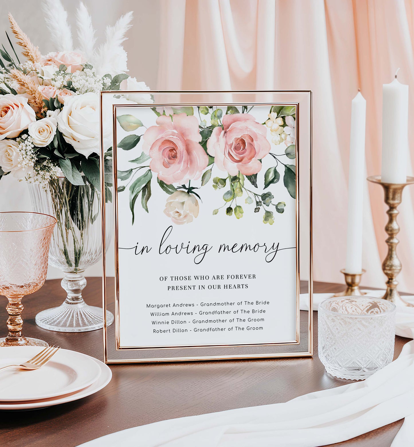 Framed 'In Loving Memory' sign on a decorated table with flowers and candles. In Loving Memory Candle Sign, This Candle Burns For Sign, Memorial Candle Sign, Printable Remembrance Sign, Memorial Table, Darcy Floral