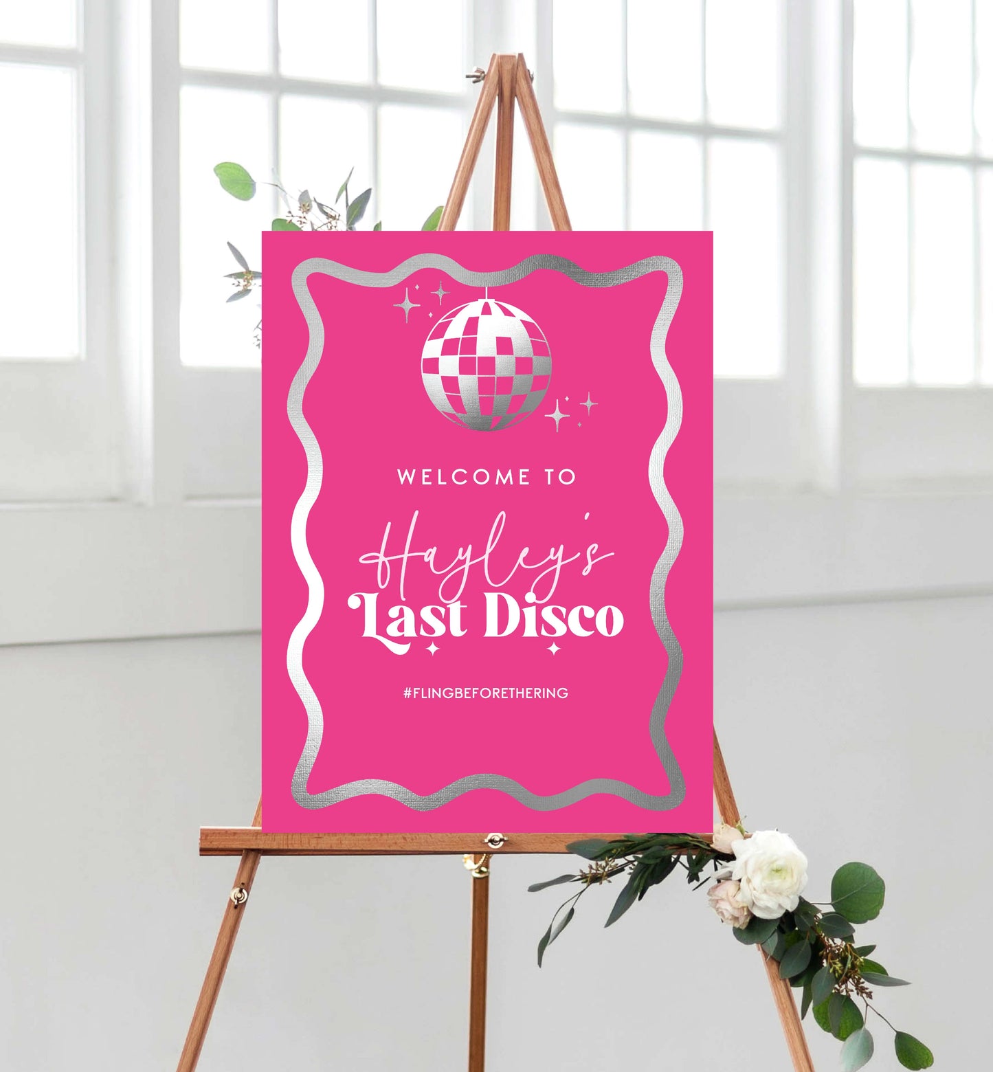 Printable Last Disco Welcome Sign Template, Wave Curvy Line, Hot Pink Silver, Bachelorette Party Welcome Sign, Hot Pink Bridal Shower Sign