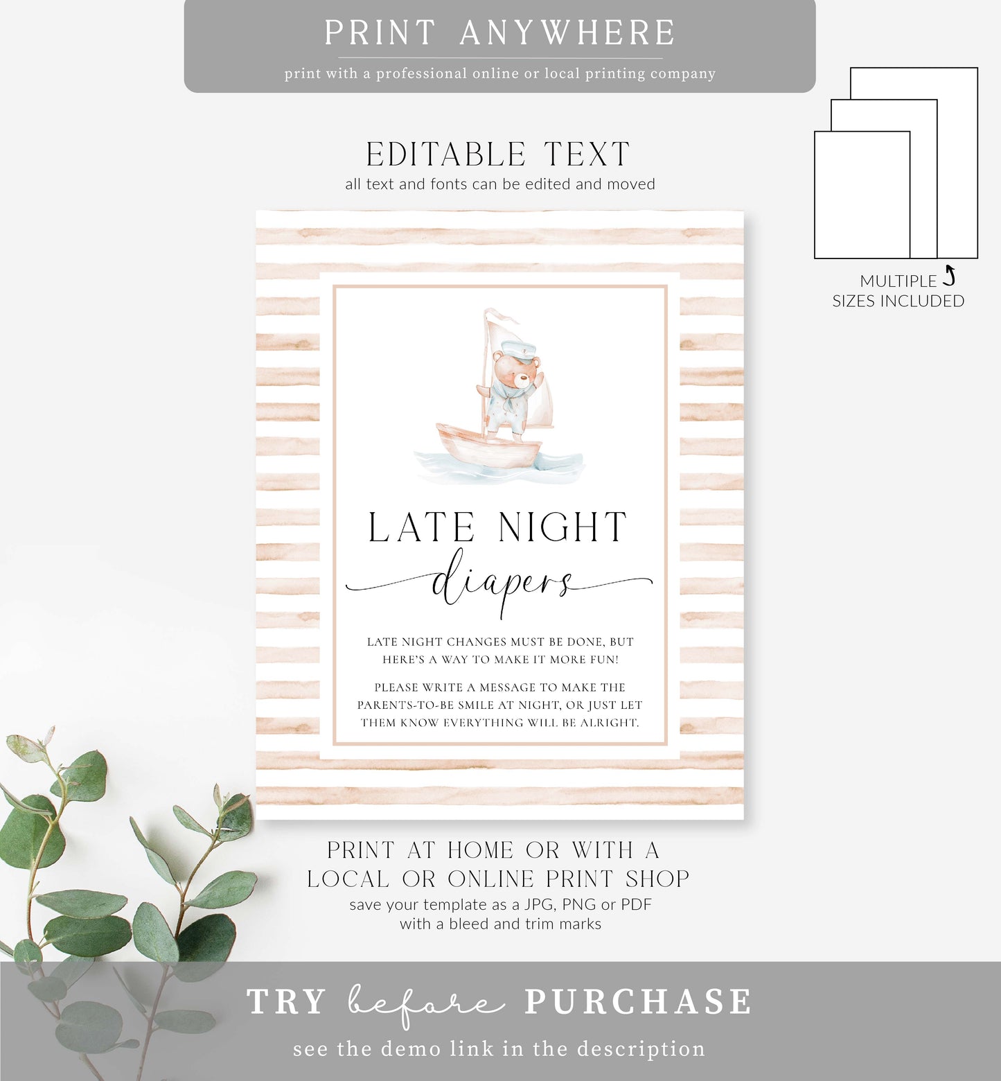 Sailor Bear Tan | Printable Late Night Diapers Sign Template