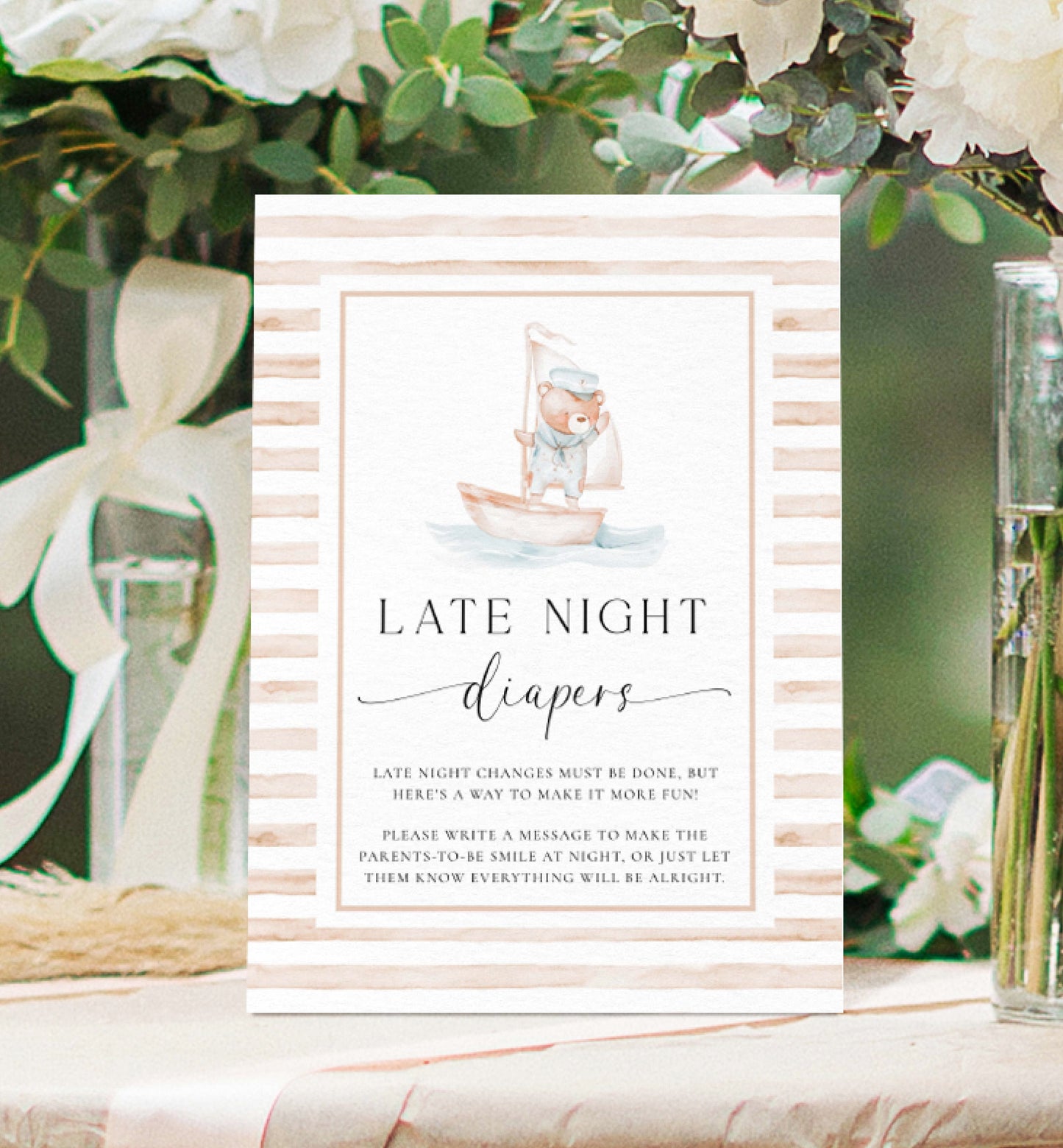 Printable Late Night Diapers Sign, Sailor Teddy Bear, Tan Stripe Boy Baby Shower, Diaper Message Game, Nautical Coastal Baby Shower Game